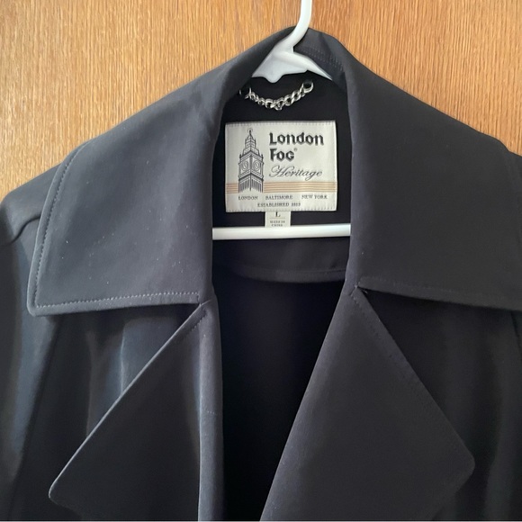 London Fog Black DB Trench Coat Silver Hardware L Women New Heritage Mod XL - Picture 7 of 8